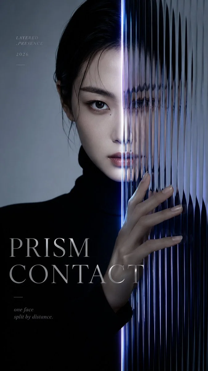A Layered Presence poster titled PRISM CONTACT showing a woman’s face partly clear and partly refracted through textured vertical glass with her hand touching the surface.
