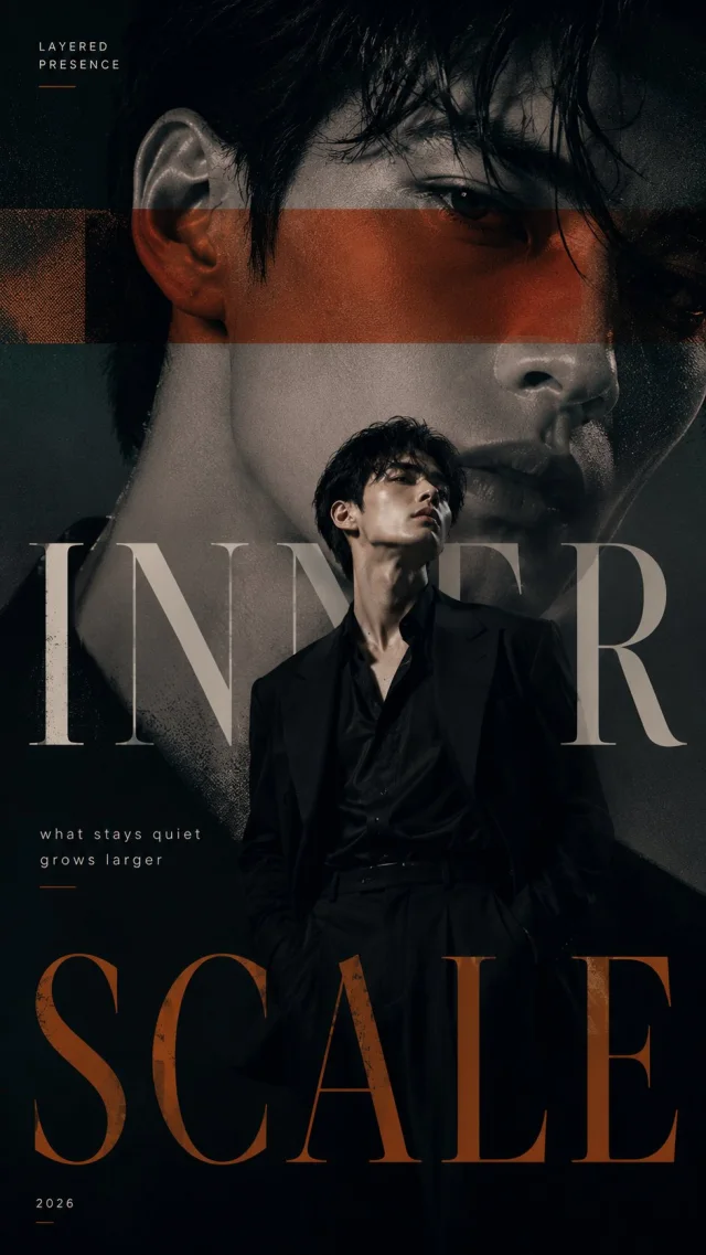 A Layered Presence poster titled INNER SCALE with a sharply dressed male subject in front of a giant black-and-white portrait layer, restrained orange accents, and bold fashion typography.