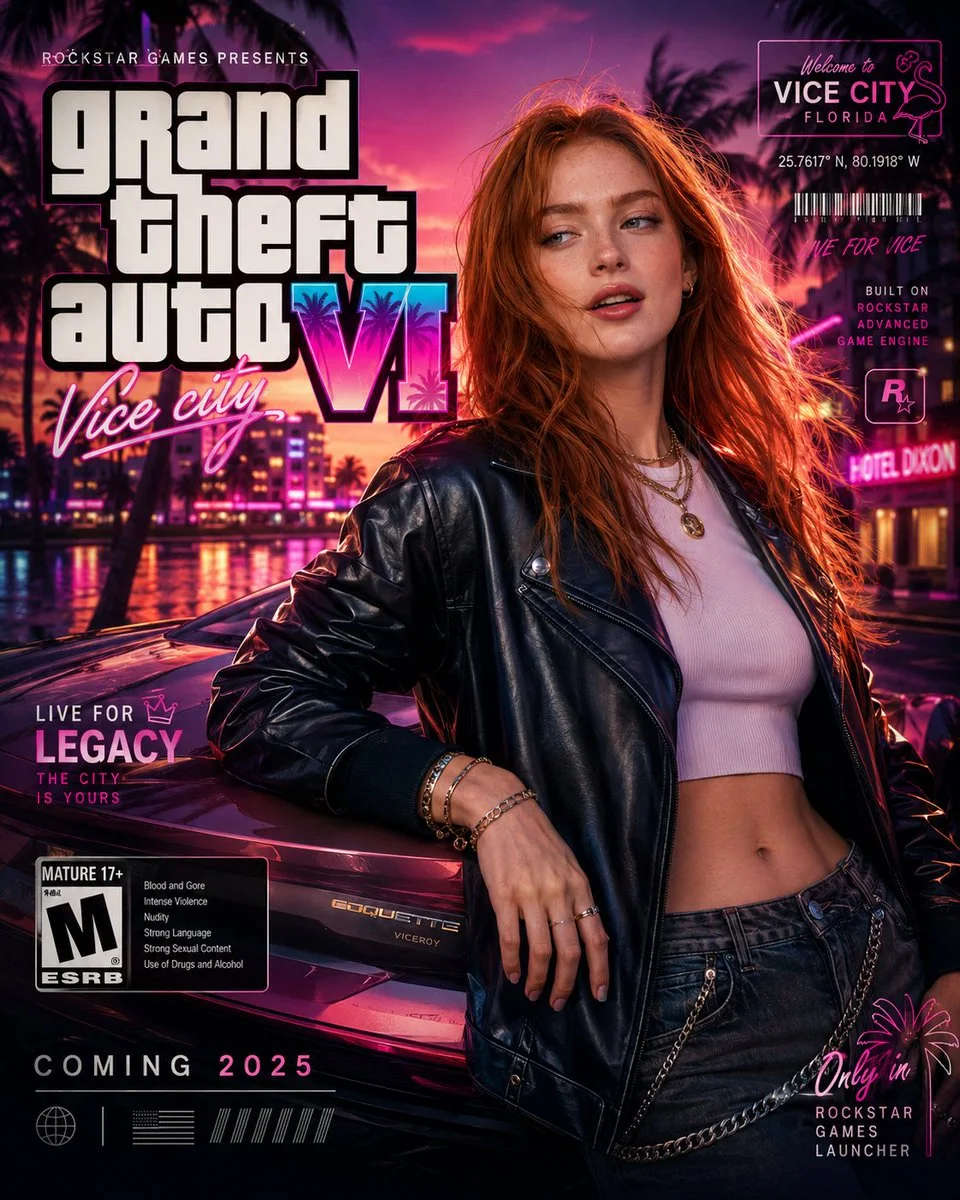 A GTA VI-inspired editorial poster with luxury vehicle silhouettes, glowing reflections, and bold game-poster typography.