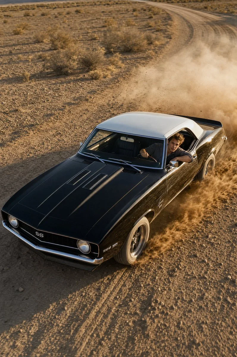 A premium automotive editorial photo of a black-and-white-roof Camaro mid-powerslide throwing gravel with a visible driver and vast desert horizon.