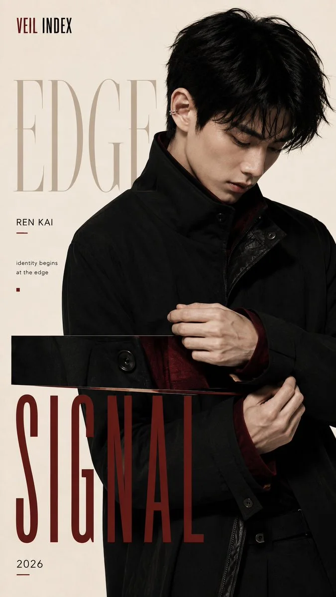 A Veil Index poster focused on identity through material detail, showing the same East Asian male character, black coat, burgundy accents, and restrained fashion typography.