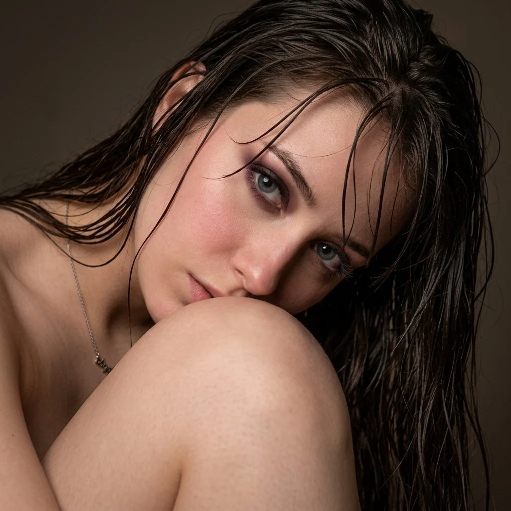 An intimate ultra-realistic wet-hair beauty portrait of a woman with long damp hair, heavy-lidded eyes looking upward, and a raised knee concealing the lower face against a warm dark background.
