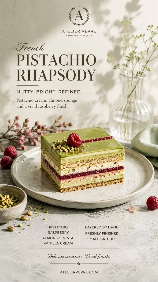 Premium French pâtisserie poster variation featuring a pistachio raspberry opera cake with editorial food styling.