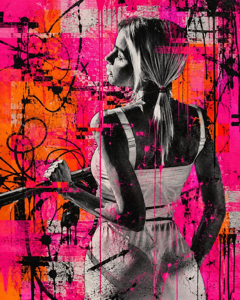 A mixed-media urban art portrait of a model in monochrome with neon pink/orange glitch blocks, dripping black and fuchsia paint, and graffiti scribbles.