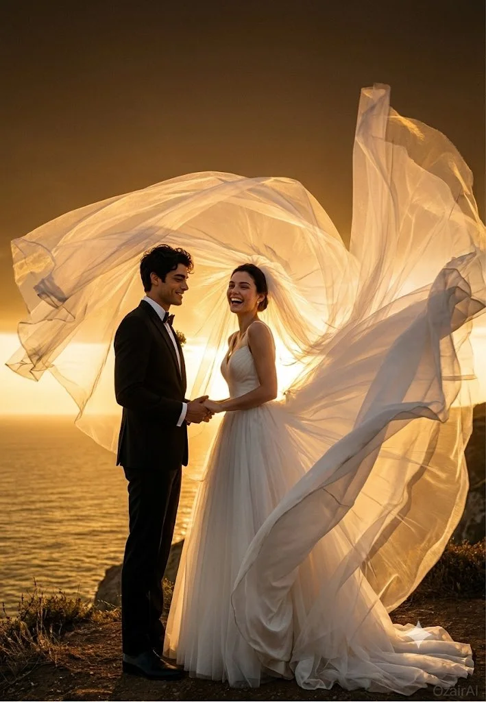 Creative outdoor wedding portrait variation with a couple and dramatic sculptural wind-blown bridal fabric.