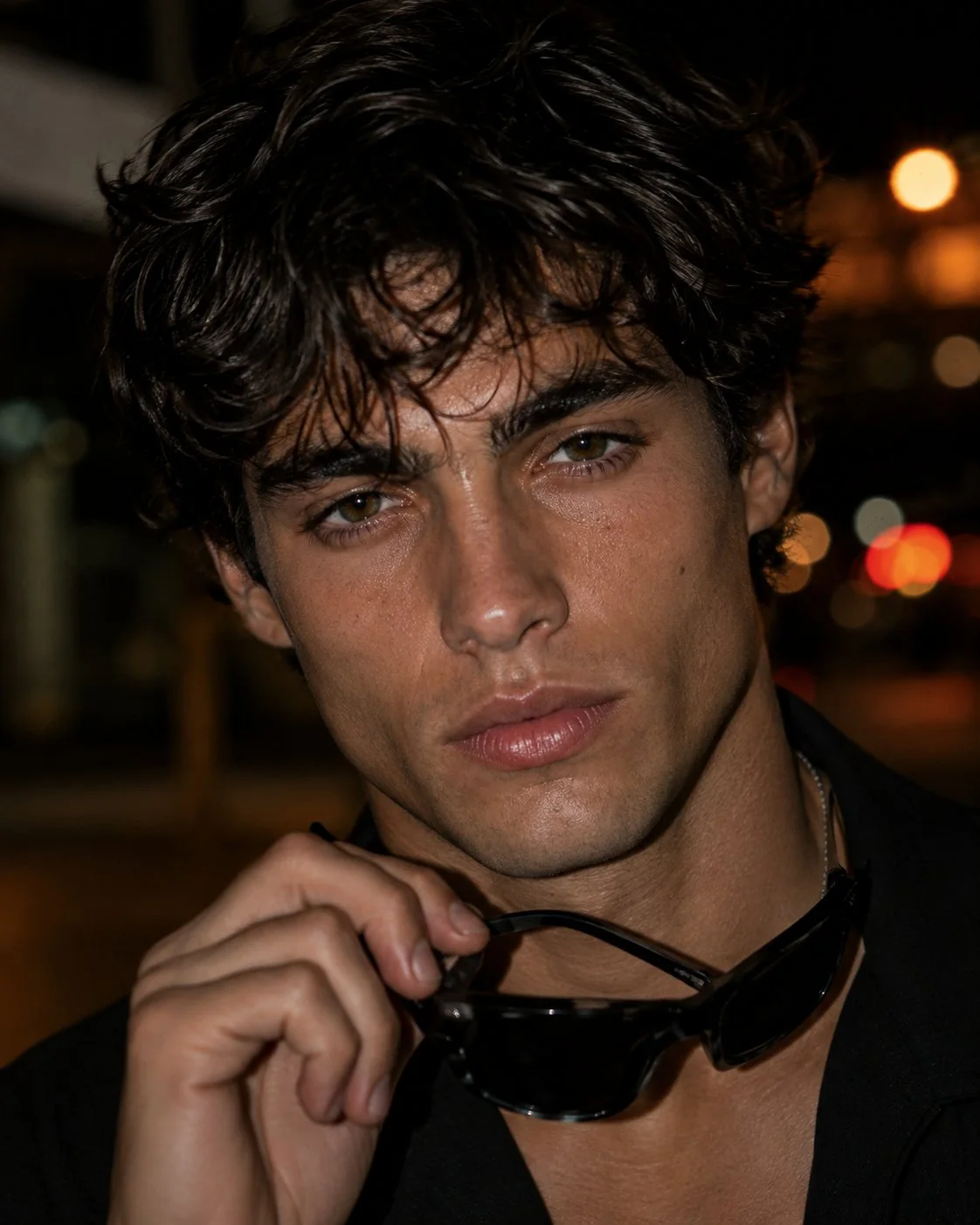 A photorealistic close-up editorial night portrait of a young man with tousled dark hair, hazel-green eyes, black outfit, silver chain, holding black sunglasses near his chin, with warm blurred city bokeh behind him and direct flash lighting.