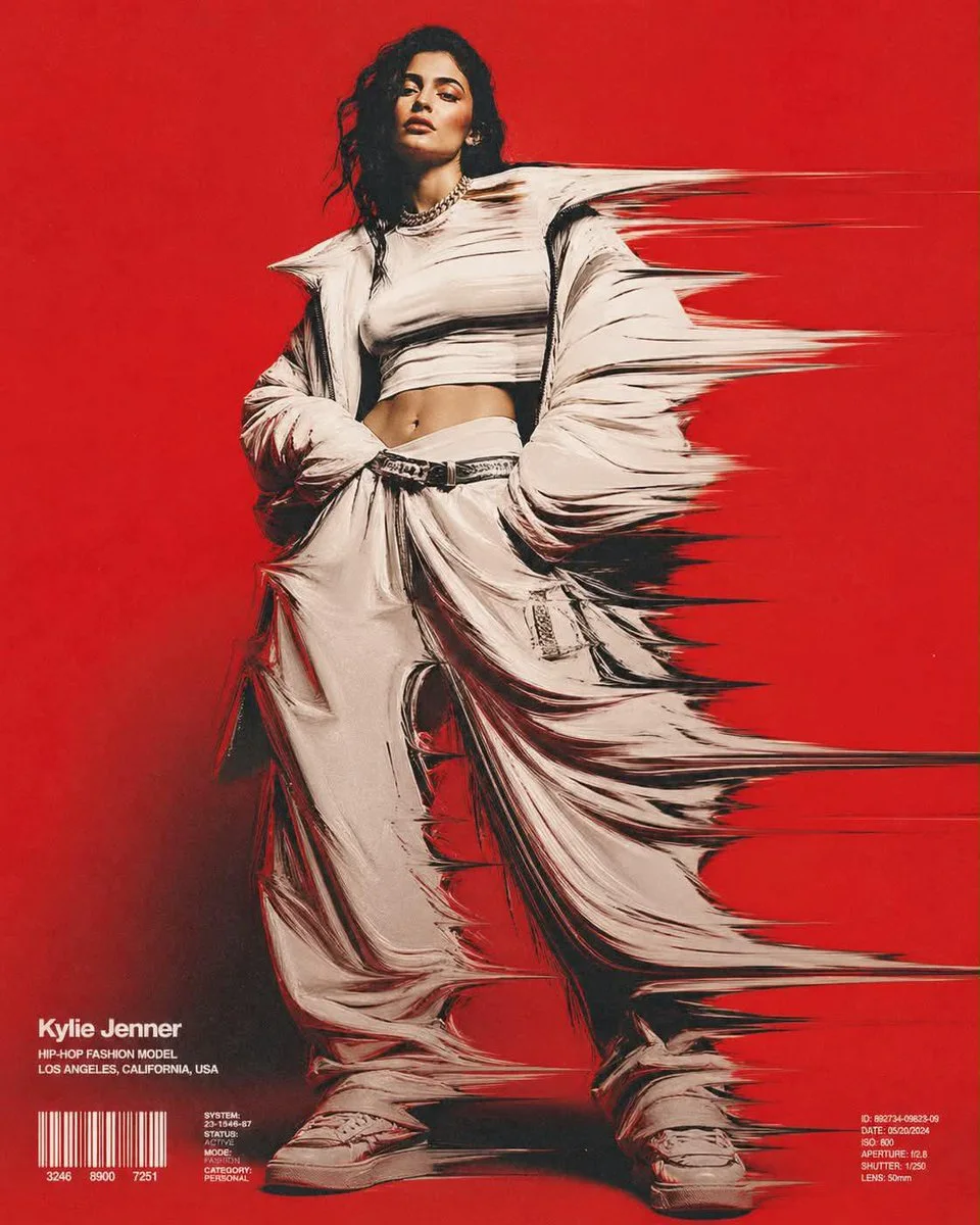 A crimson sports-fashion poster of a woman in white fashion styling with strong horizontal glitch distortion across the clothing and silhouette, minimal technical labels, barcode details, and premium editorial lighting.