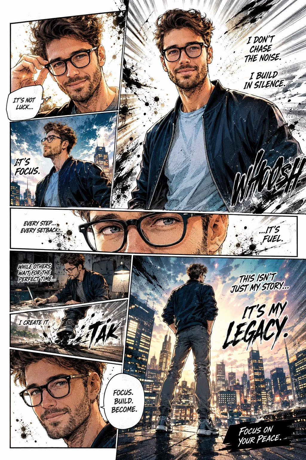 A full-color full-page manga illustration of a young man with glasses across multiple dynamic panels, with cinematic close-ups, city background, speed lines, ink splashes, halftone texture, dialogue bubbles, sound effects, and motivational comic lettering