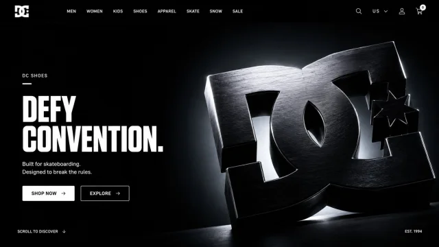 Premium brand website hero page mockup with a large dark 3D sculptural logo on the right, dramatic color-derived lighting, and minimal white typography on the left.