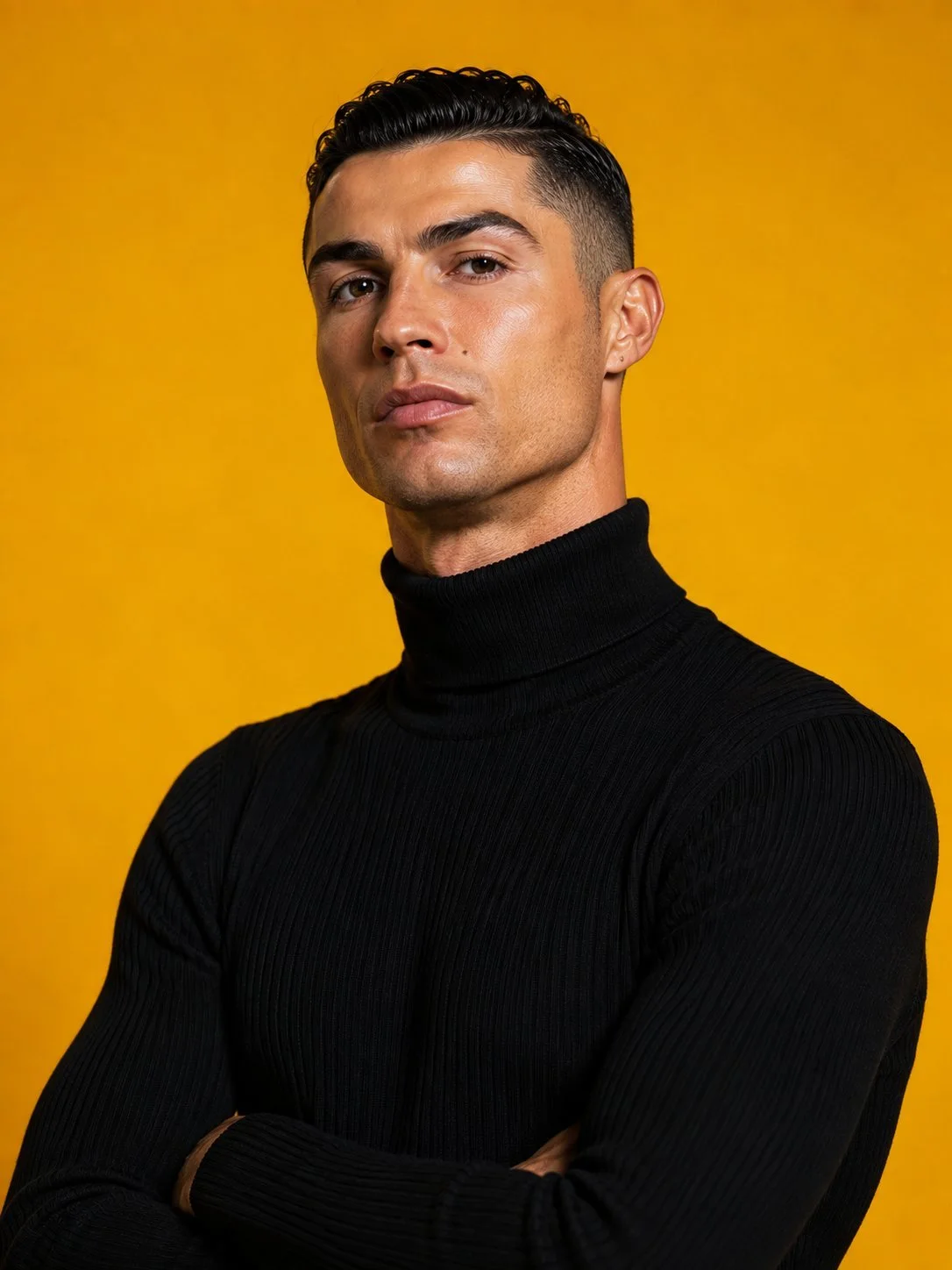 A second luxury studio portrait variation of the same golden-yellow fashion campaign prompt, showing the subject in a black ribbed turtleneck against the vivid yellow background.