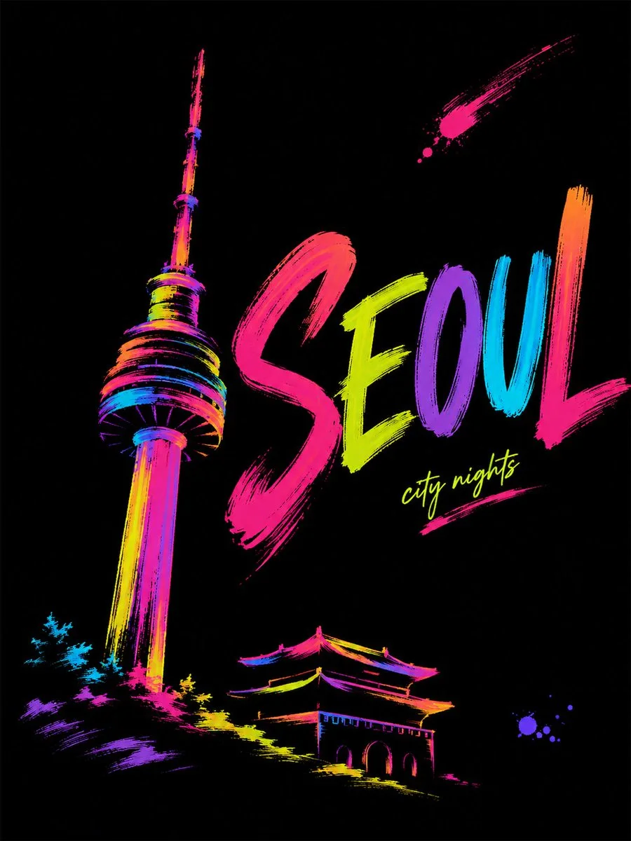A black-background fluorescent brush-art Seoul travel poster with N Seoul Tower as the hero landmark, a smaller traditional gate, huge hand-painted SEOUL lettering, neon marker strokes, and “city nights” note.
