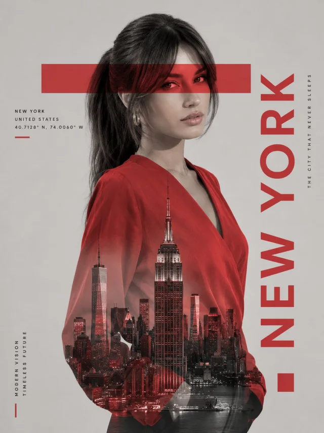 A luxury Swiss graphic double-exposure poster of a woman in red with New York typography, a red translucent eye bar, clean gray backdrop, and skyscrapers blended inside her red clothing silhouette.