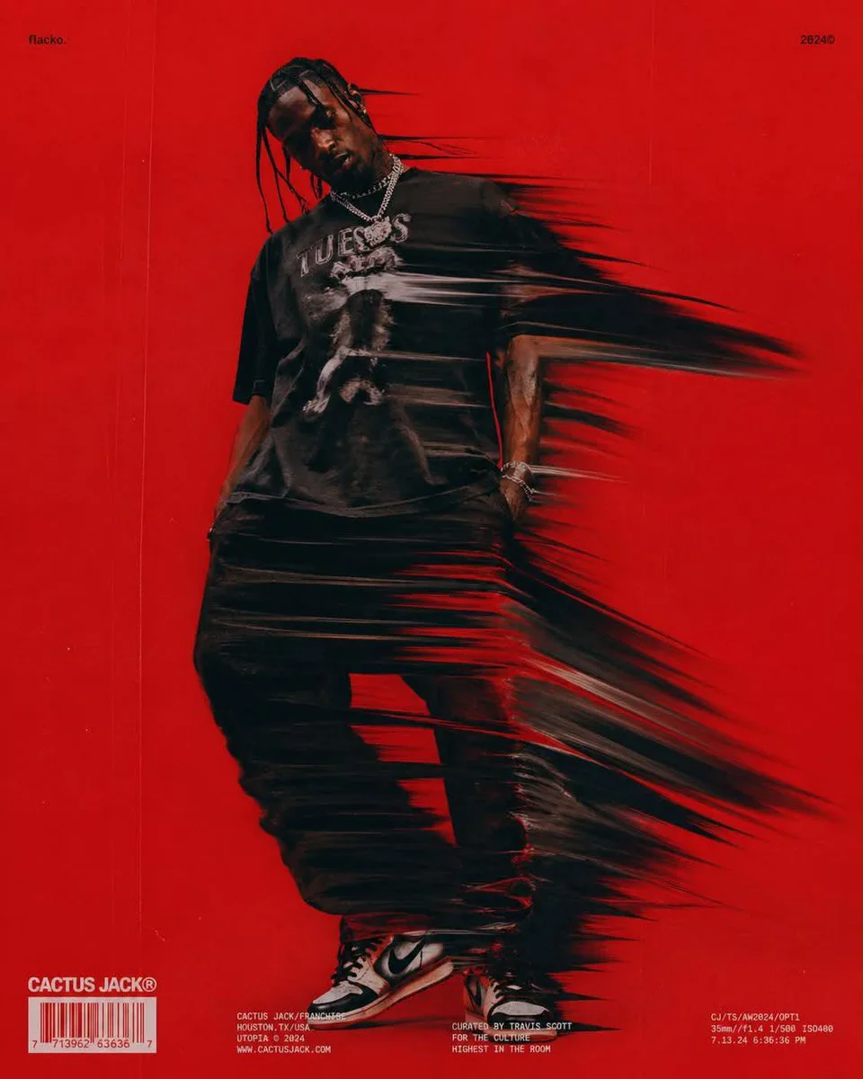A crimson sports-fashion poster of a male performer in black oversized clothing with dramatic rightward motion-glitch streaks, moody studio lighting, and minimal barcode/technical poster details.