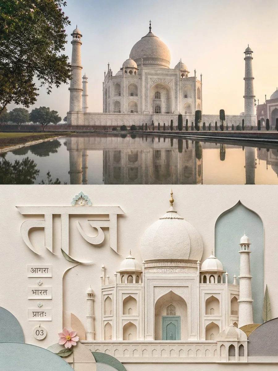 A 3:4 poster with Taj Mahal photo on top and a layered paper-sculpture Taj Mahal with Hindi-style typography below.