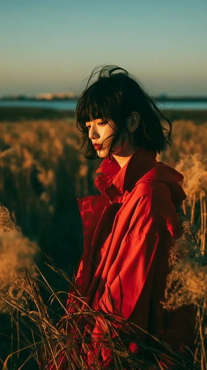 A vertical editorial portrait variation of the subject in a crimson coat surrounded by golden field grasses and warm sunset light.