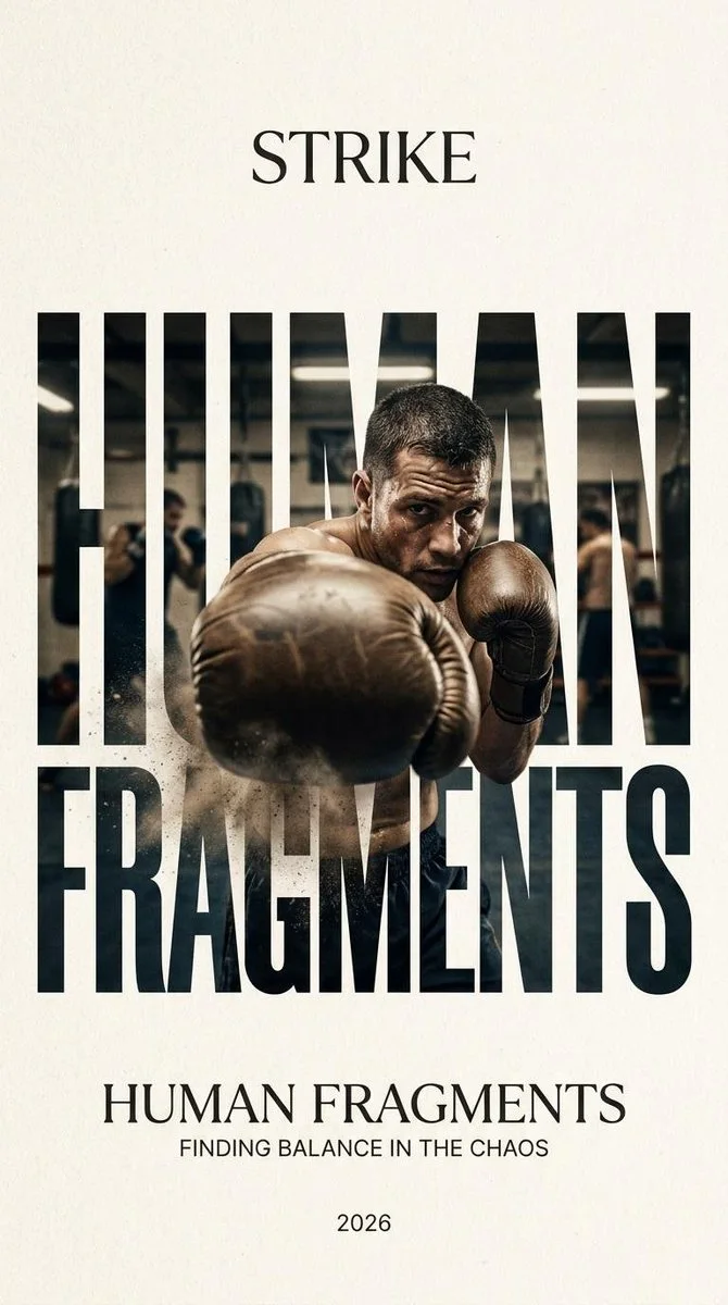 A HUMAN FRAGMENTS poster variation with typographic framing and a boxer's glove breaking past the letterforms.