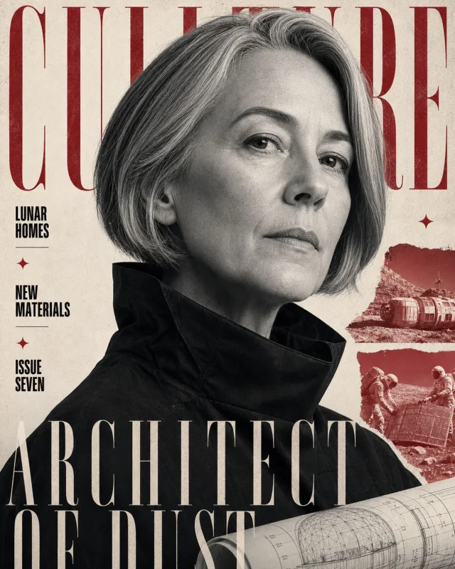 A Paper Mastheads magazine cover titled CULTURE with an oxblood serif masthead, black-and-white portrait, red duotone lunar collage inserts, and a blueprint foreground object.