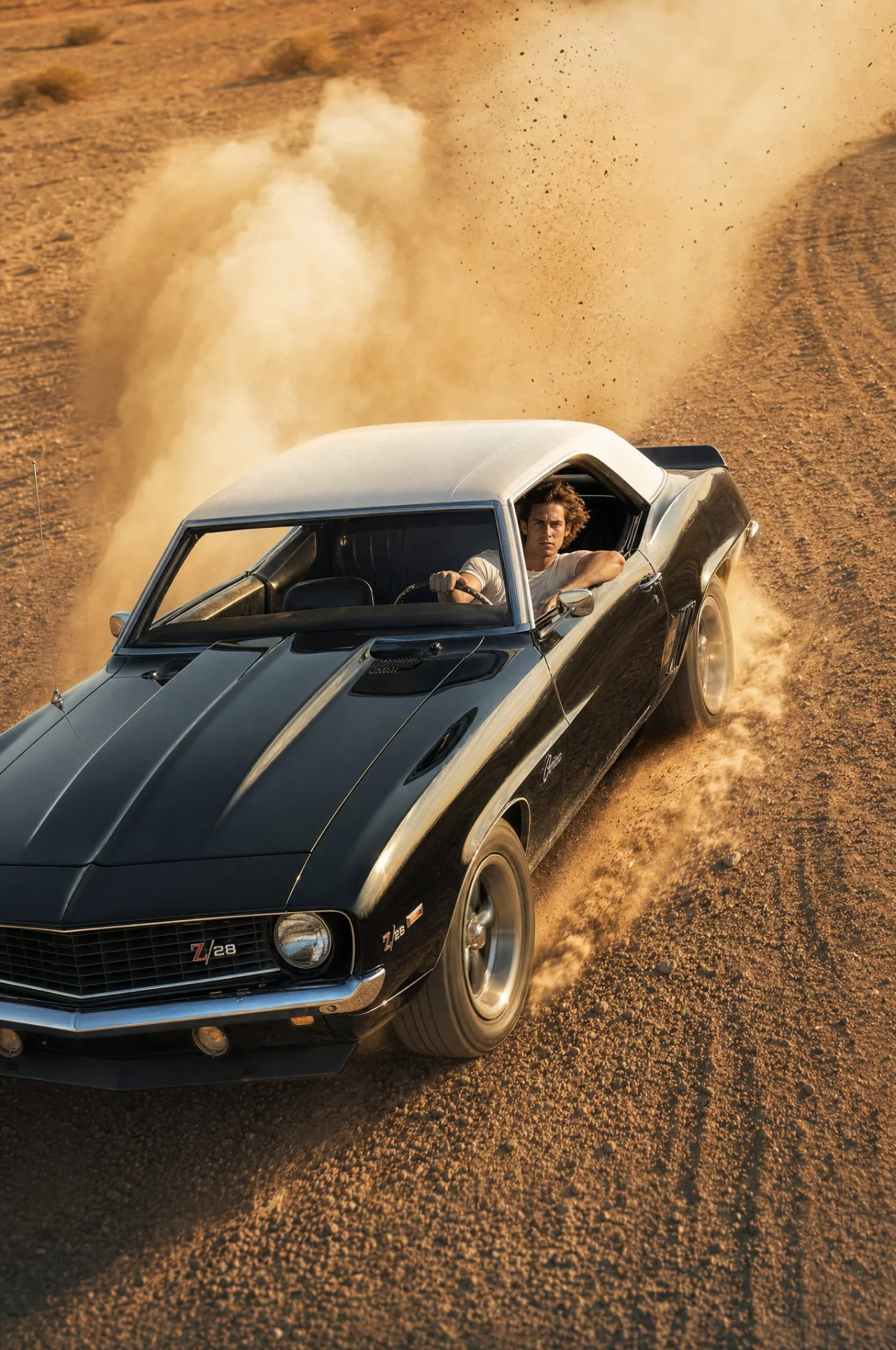 A 9:16 drone-view automotive editorial photo of a 1969 black Camaro with a white roof powersliding on a desert dirt road with a thick dust trail at golden hour.