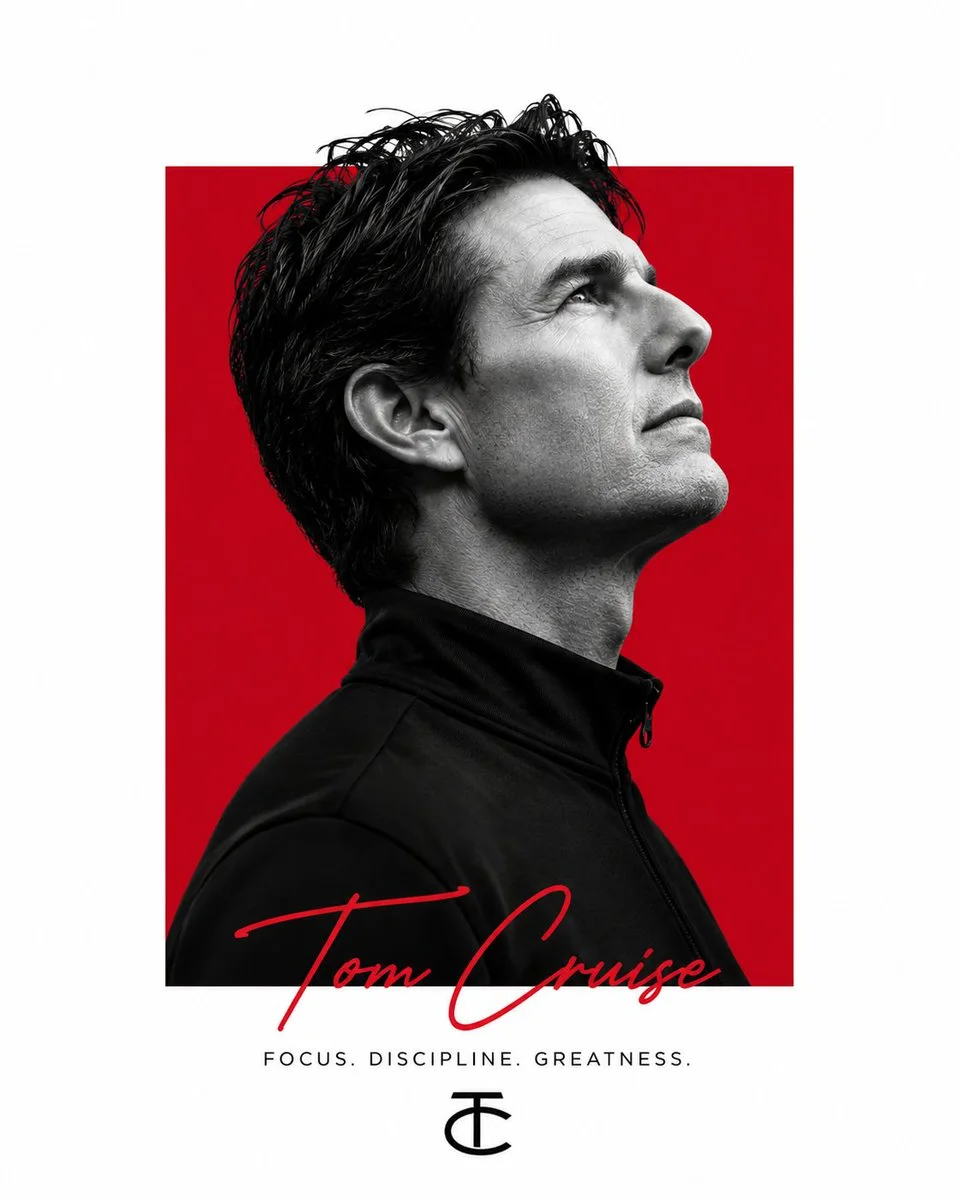 A minimalist editorial poster variation with bold crimson geometry, monochrome portrait, and luxury handwriting branding.