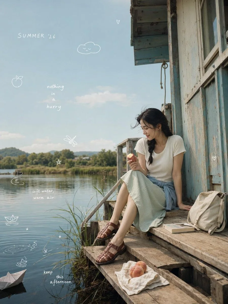 A Korean indie summer aesthetic photo variation with soft overexposed coastal daylight and a vast pale blue sky.