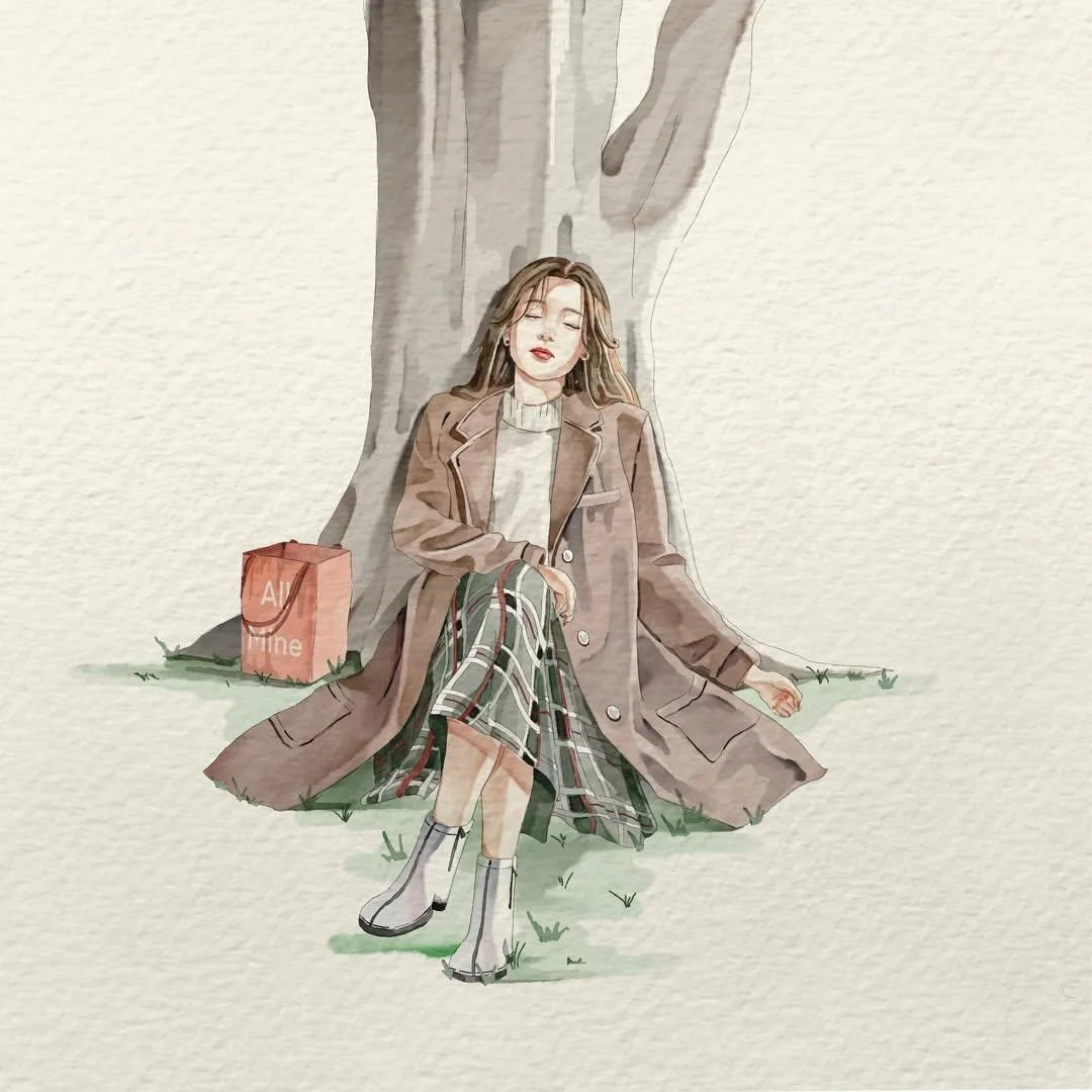 A minimalist watercolor illustration of a young woman on ivory paper with pastel palette, butterflies, and lots of negative space.