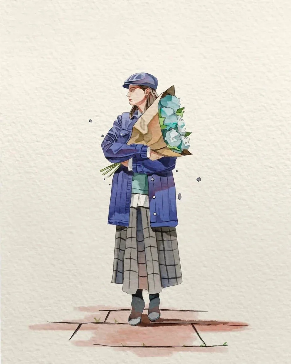 A Japanese stationery-style watercolor of a woman holding a bouquet, small in frame with generous empty space.