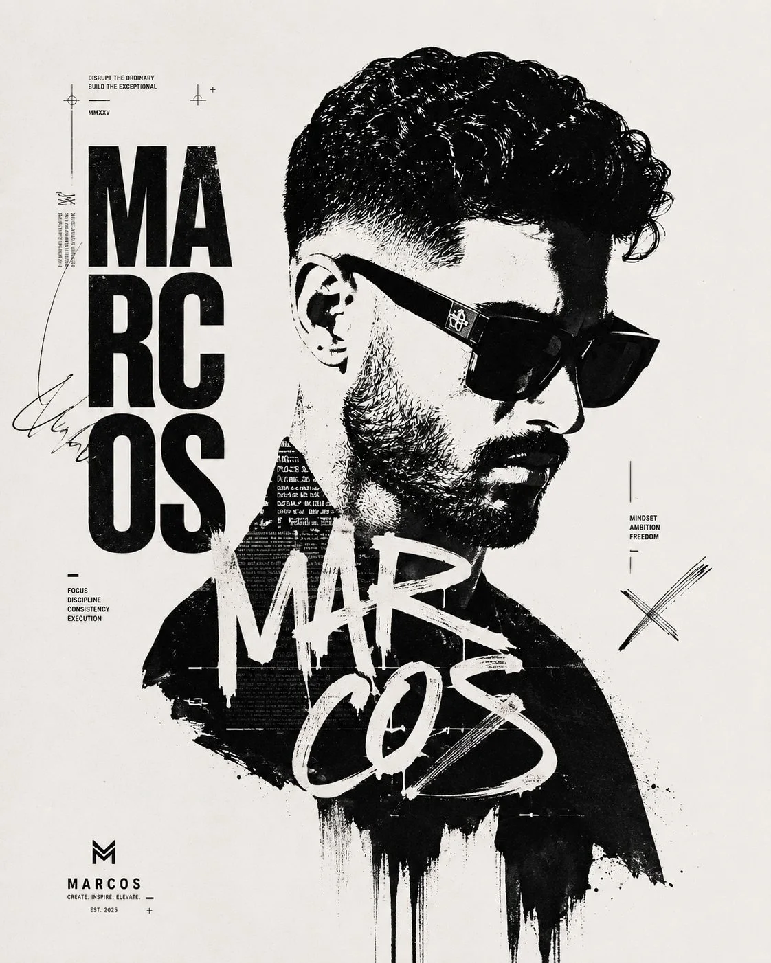A premium black-and-white editorial fashion poster of a stylish young man in profile wearing oversized angular sunglasses, curly hair and short beard, with distressed ink illustration texture, experimental MARCOS typography, streetwear graphics, and warm