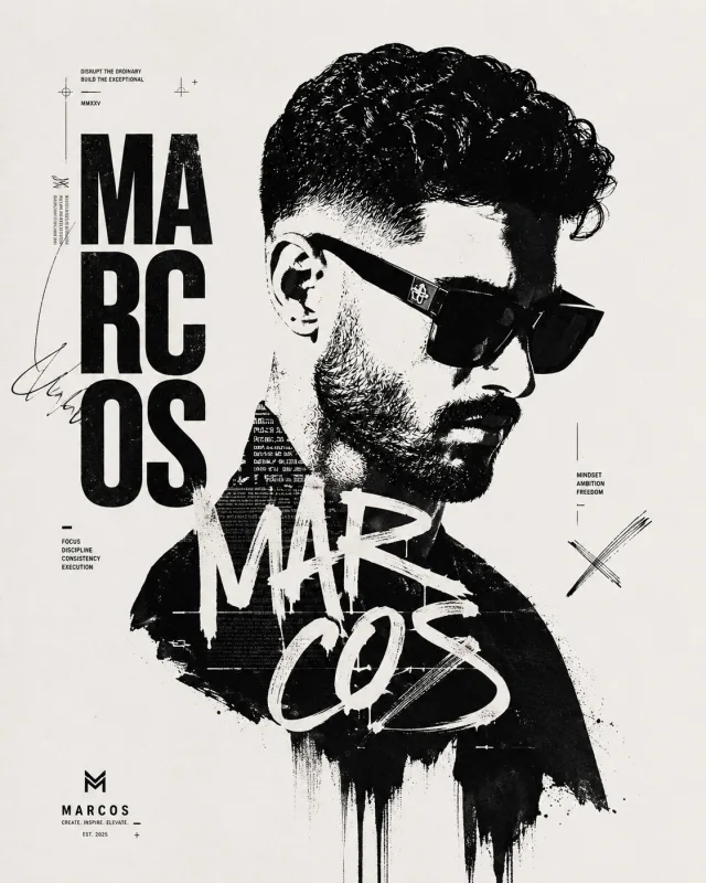A premium black-and-white editorial fashion poster of a stylish young man in profile wearing oversized angular sunglasses, curly hair and short beard, with distressed ink illustration texture, experimental MARCOS typography, streetwear graphics, and warm
