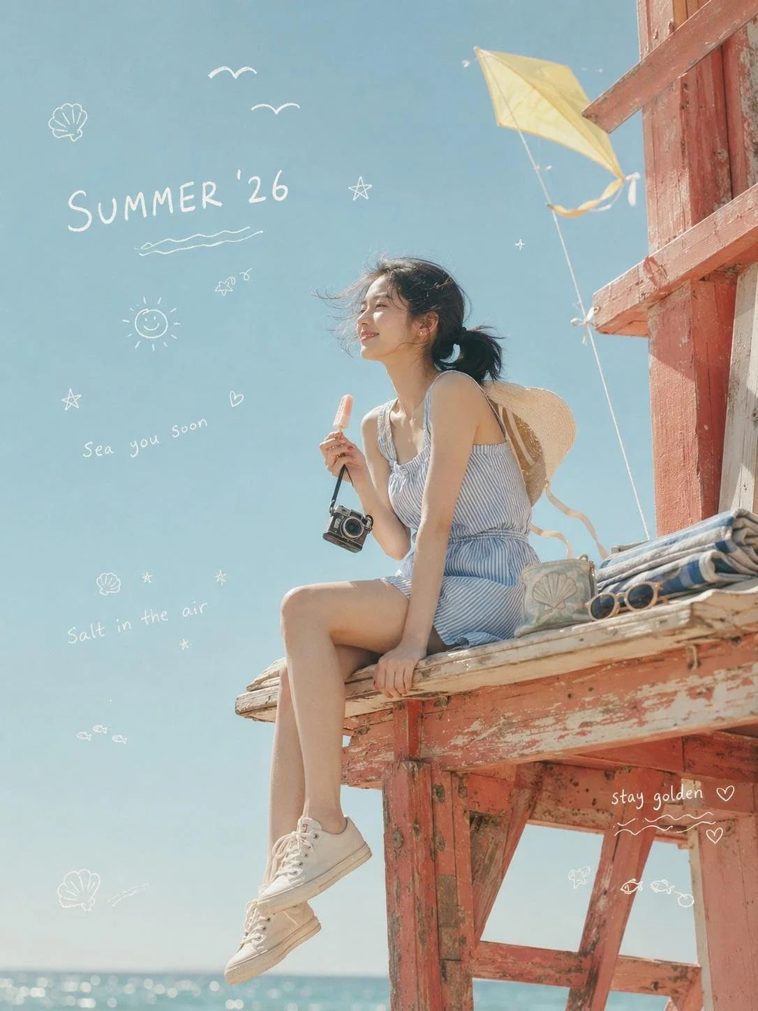 A dreamy Korean summer lifestyle photo of a young woman sitting on a faded coral lifeguard tower with a translucent kite, popsicle, doodles, and handwritten sky text.