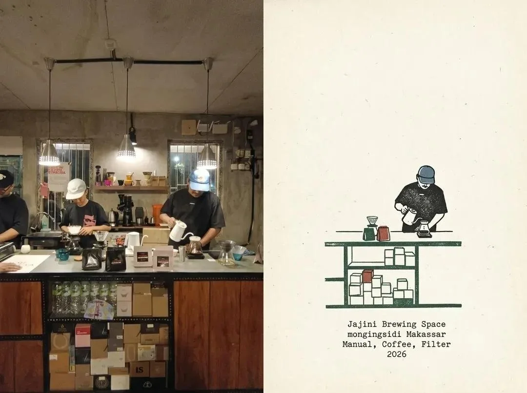 A 4:5 split editorial layout with a warm photo of a barista hand holding iced coffee by a machine on the left and a loose vintage ink-watercolor sketch of the same scene on ivory paper on the right.