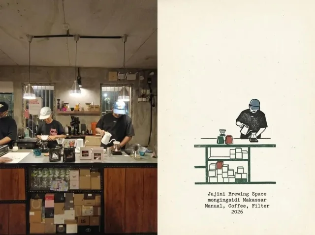 A 4:5 split editorial layout with a warm photo of a barista hand holding iced coffee by a machine on the left and a loose vintage ink-watercolor sketch of the same scene on ivory paper on the right.