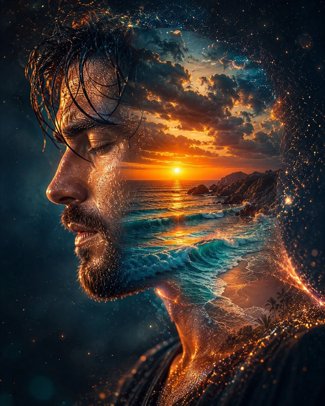 An ultra-photorealistic cinematic double-exposure portrait blending a peaceful closed-eye profile into a turquoise ocean sunset, dissolving into cosmic stardust.