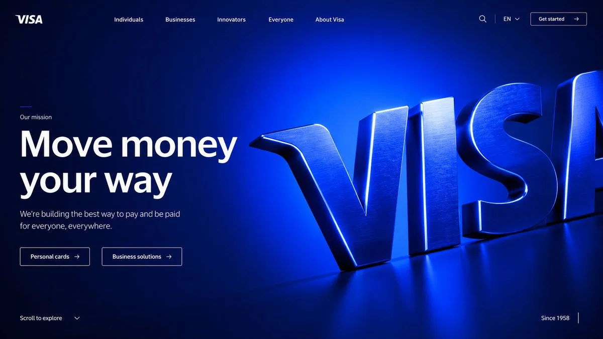 Awwwards-style website hero design variation showing a dark brushed-metal brand symbol with vivid edge highlights and minimal interface text.