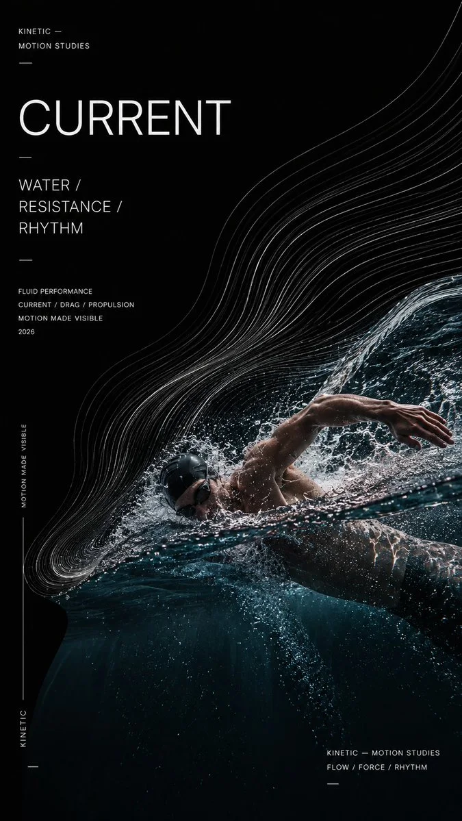 A 9:16 sports editorial poster of a swimmer with water-current flow lines following the body.