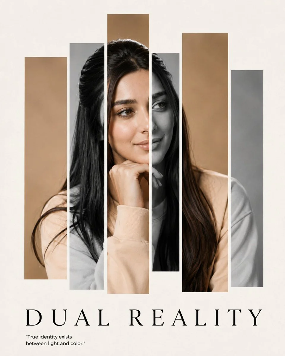 A DUAL REALITY poster variation showing a single aligned portrait split across tall vertical color and monochrome panels on a warm off-white background.
