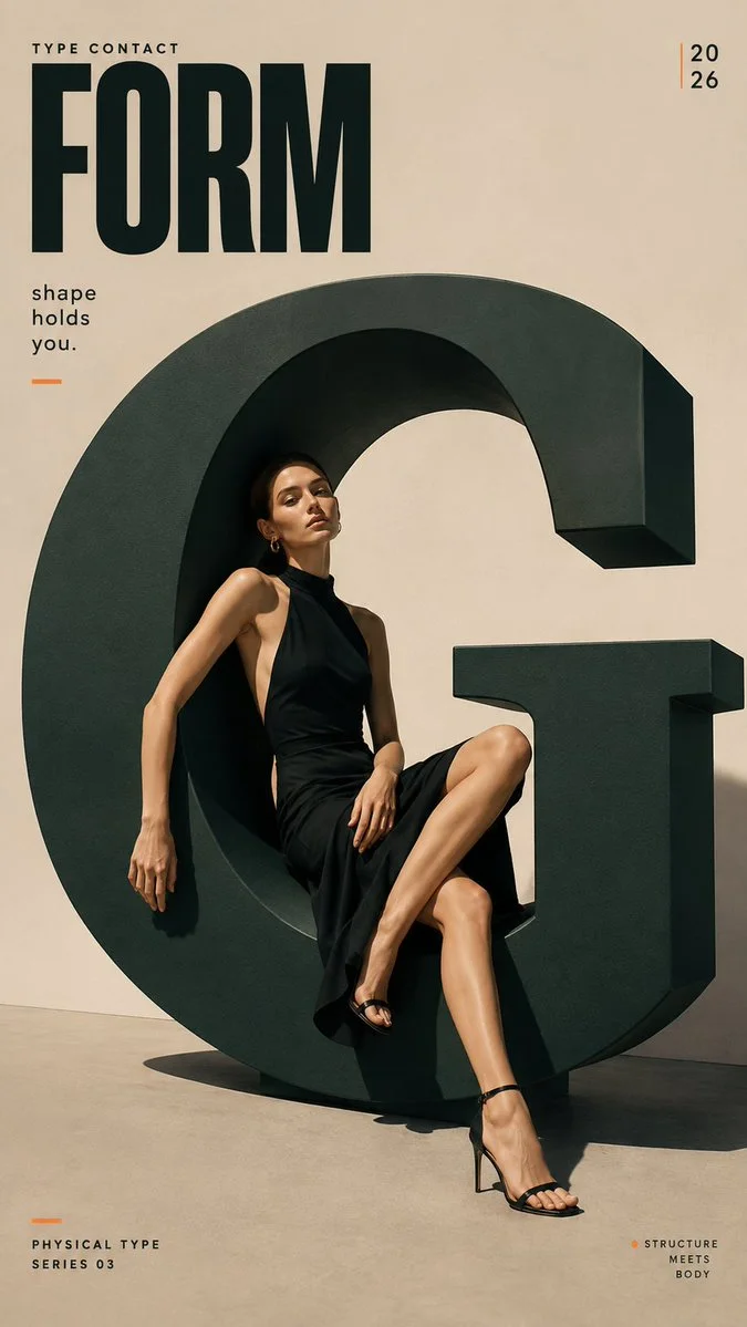 A Type Contact poster showing a fashion subject sitting within or passing through a giant sculptural blue letterform, with physical contact and restrained magazine-poster typography.