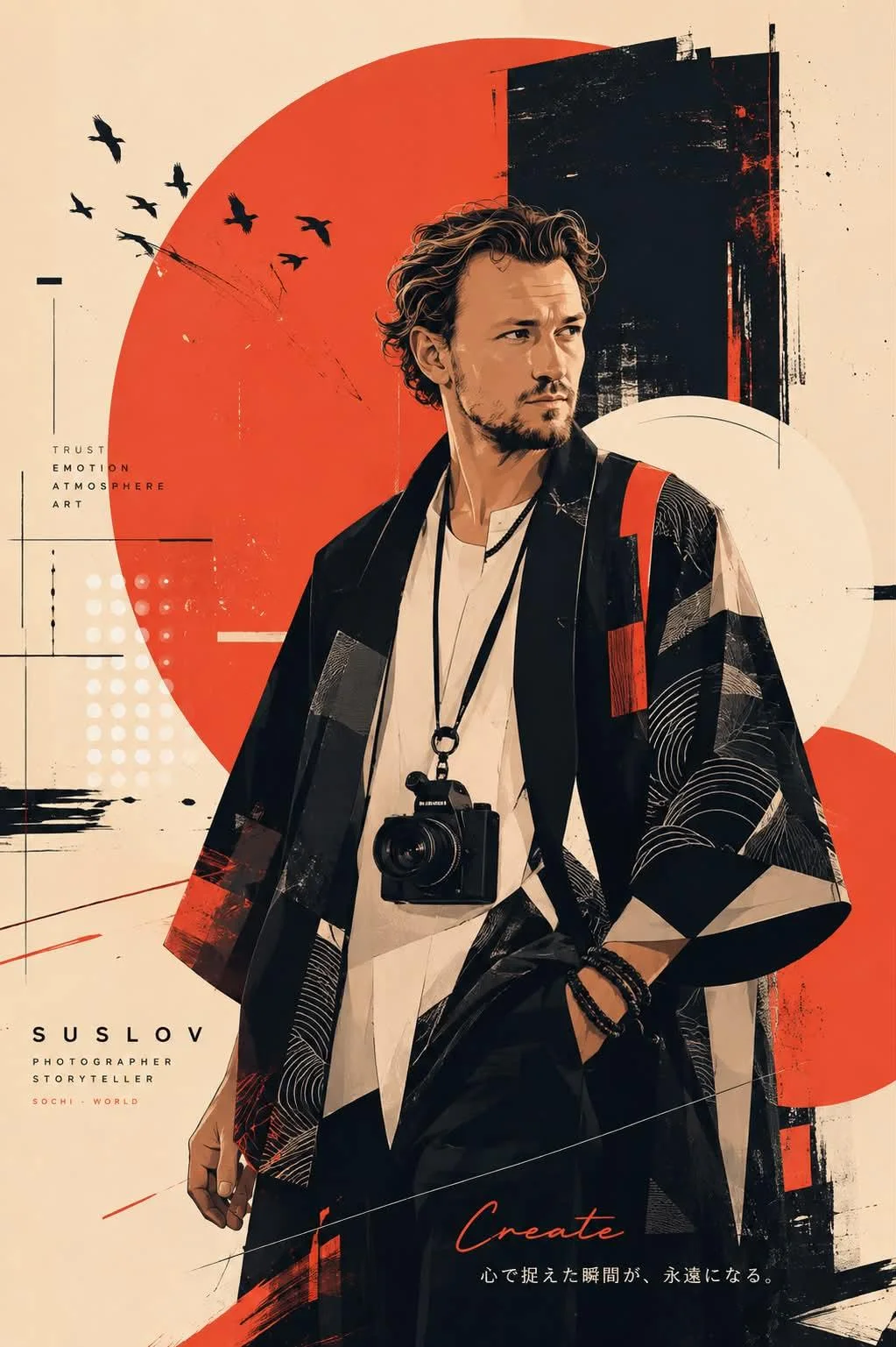 A flat pop graphic editorial poster of a male photographer in a patterned black-red jacket with camera, birds, red sun circle, Japanese text, and handwritten word “Create.”
