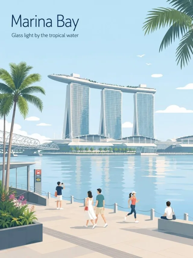 A fresh airy flat-vector Marina Bay travel poster with pale blue water, Marina Bay Sands, palm trees, small figures along the waterfront, and elegant upper-left typography.