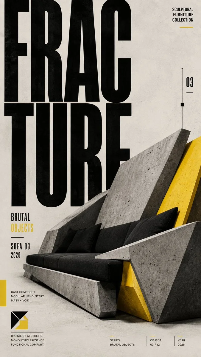 A brutalist sculptural furniture editorial poster featuring a concrete-and-yellow angular sofa with oversized FRACTURE typography.