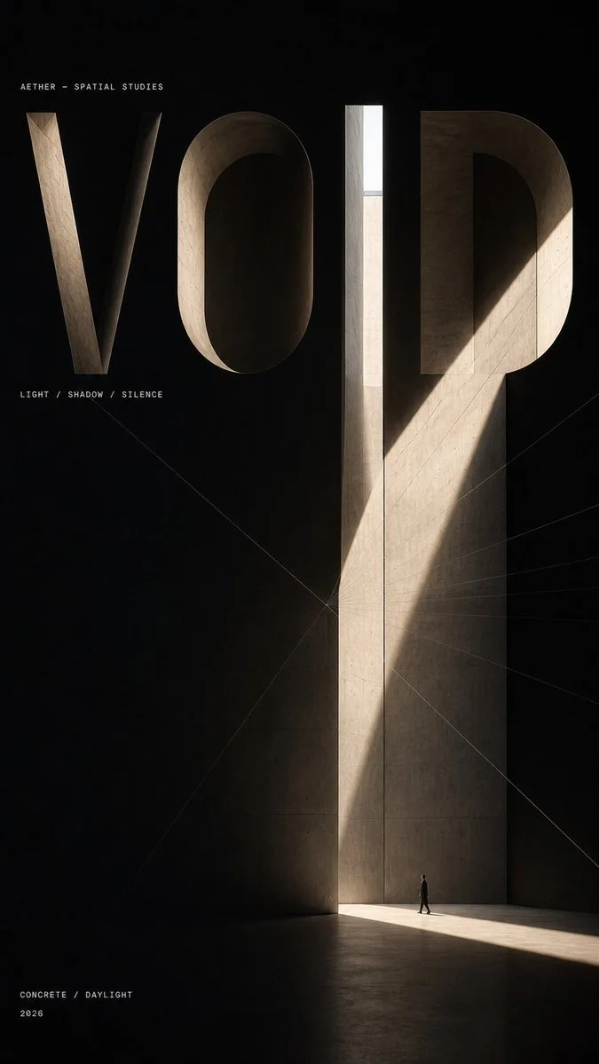 An experimental architectural poster where the word VOID is carved into a continuous glass-and-concrete surface with negative space, light, and parametric joint lines.