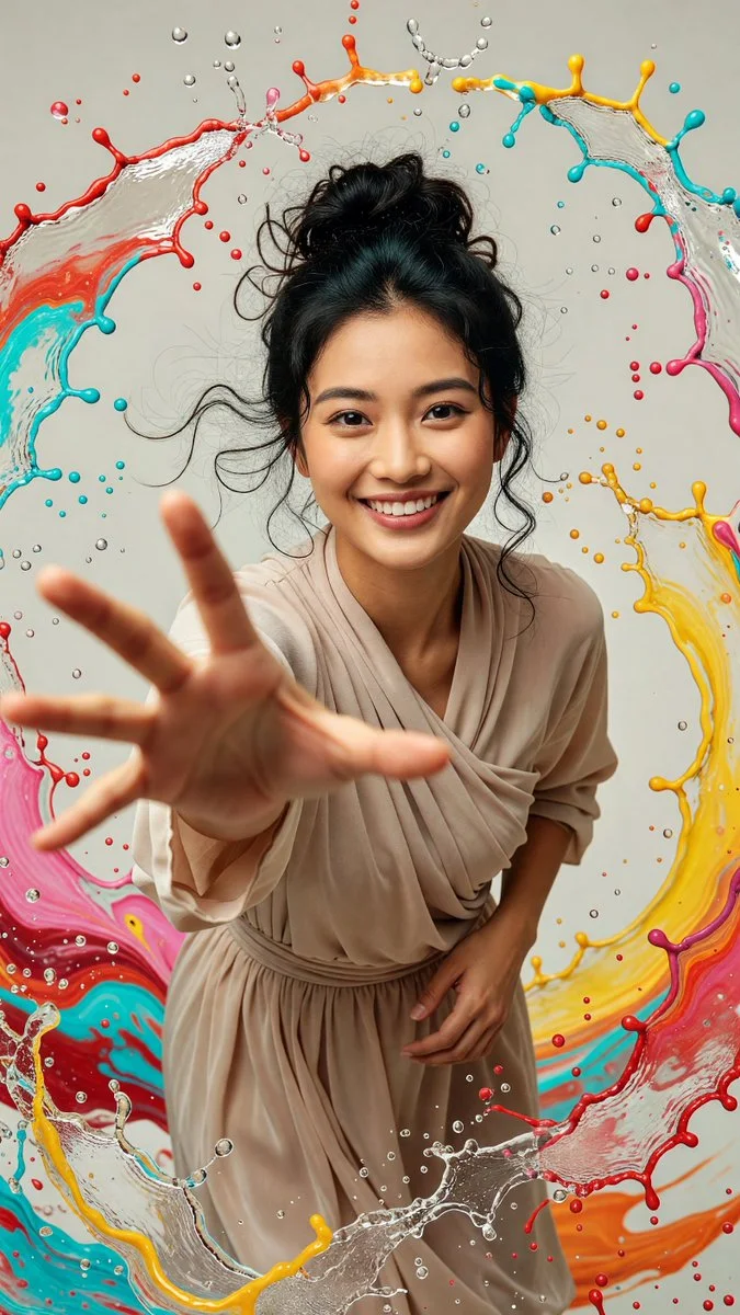 A cinematic fantasy portrait of a young woman in beige draped clothing reaching one hand toward the camera, framed by frozen turquoise, red, pink, yellow and orange liquid splashes.