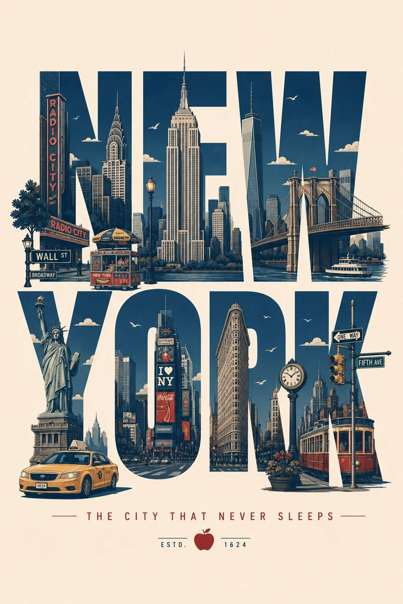 A geometric illustration city poster with landmarks integrated into the typography and small decorative city objects.