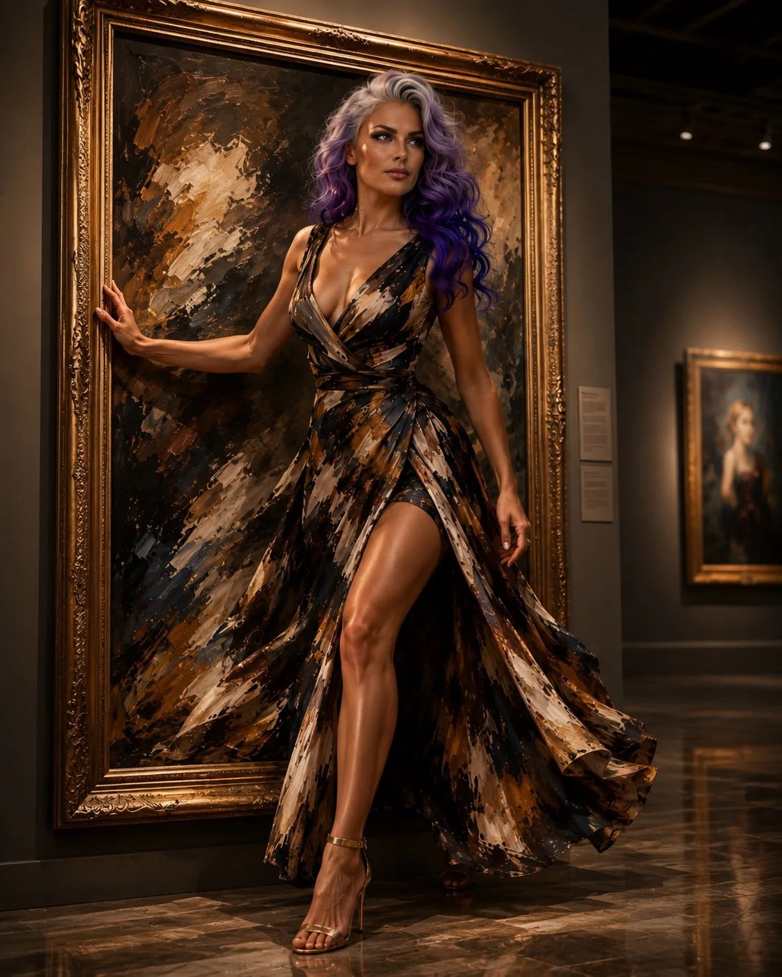 Impasto oil-paint couture gown variation showing a supermodel in a sculptural painted dress inside an art gallery.
