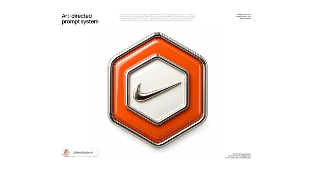A 1:1 studio CGI visualization of an ornate collectible achievement badge: a rounded hexagonal medallion with a polished metallic frame, accent-color enamel field, and an inset logo container.