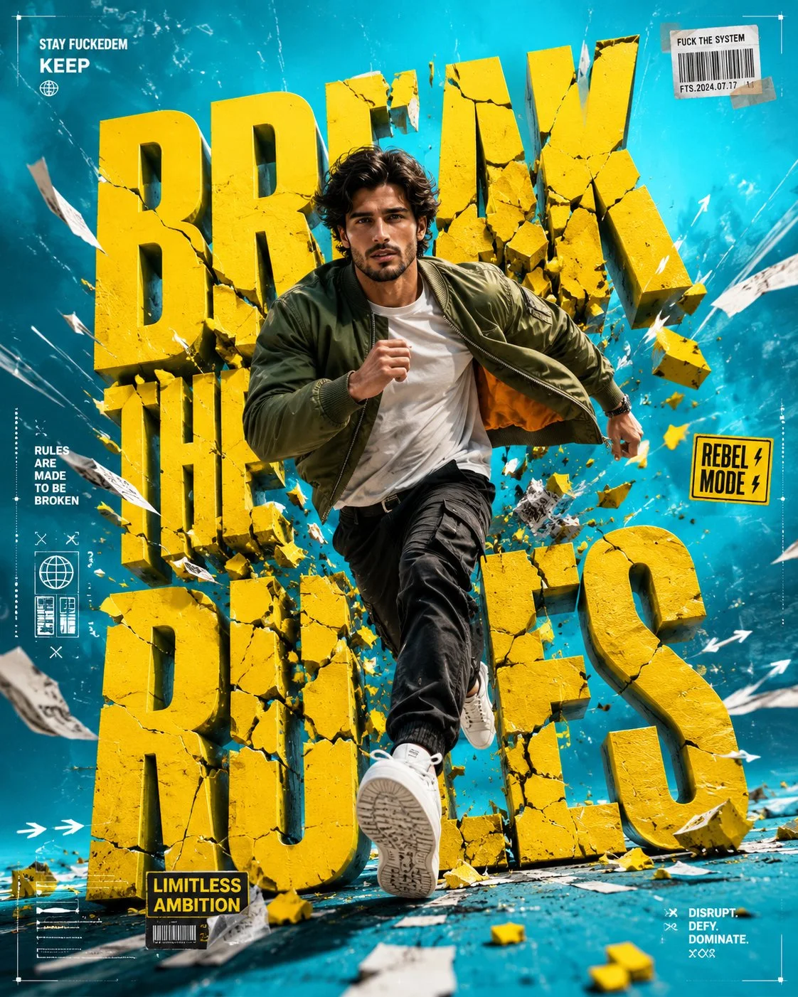 A premium streetwear poster of a male model sprinting through giant cracked 'BREAK THE RULES' letters on a clean electric-cyan studio background.