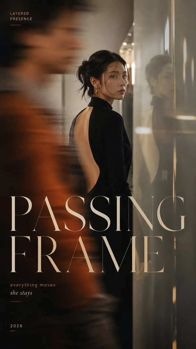 A Passing Frame editorial poster showing a clear woman standing still while a blurred foreground figure moves past, with reflective glass, warm motion trails, and large serif typography.