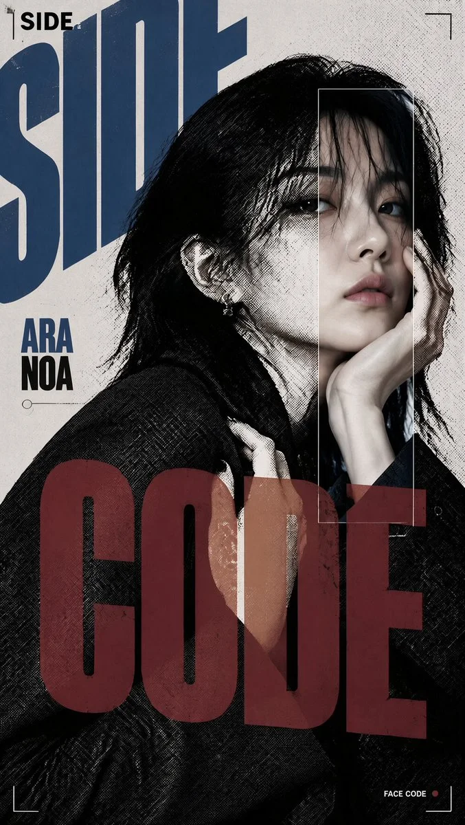 A Side Code experimental character poster with a side-profile black-and-white halftone portrait, a vertical color scan window on the face, large cropped SIDE and CODE typography, and muted red/blue editorial accents.