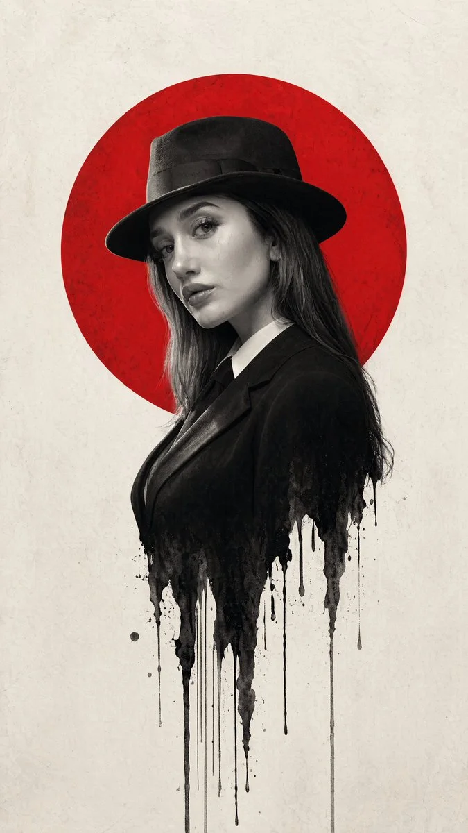 A noir poster variation showing the fedora figure dissolving into vertical black ink splatters with a stark red sun motif.