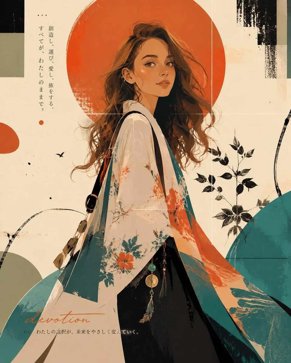 A personal visual identity poster with a woman in flowing white and teal garments, orange sun, Japanese text, botanical motifs, and handwritten word “devotion.”