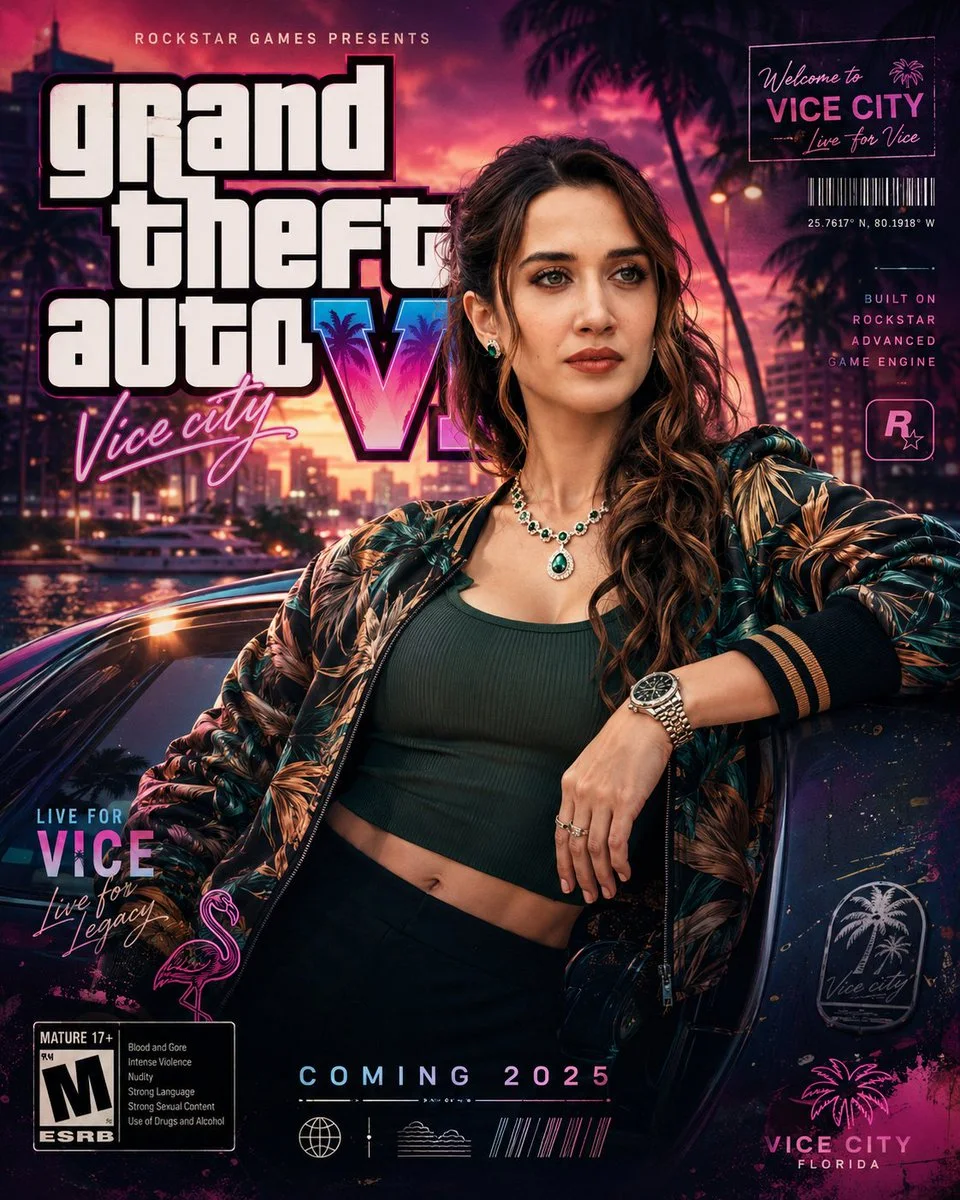 A AAA game-promo style poster with dynamic neon color grading, palm shadows, and a fashionable model in luxurious streetwear.